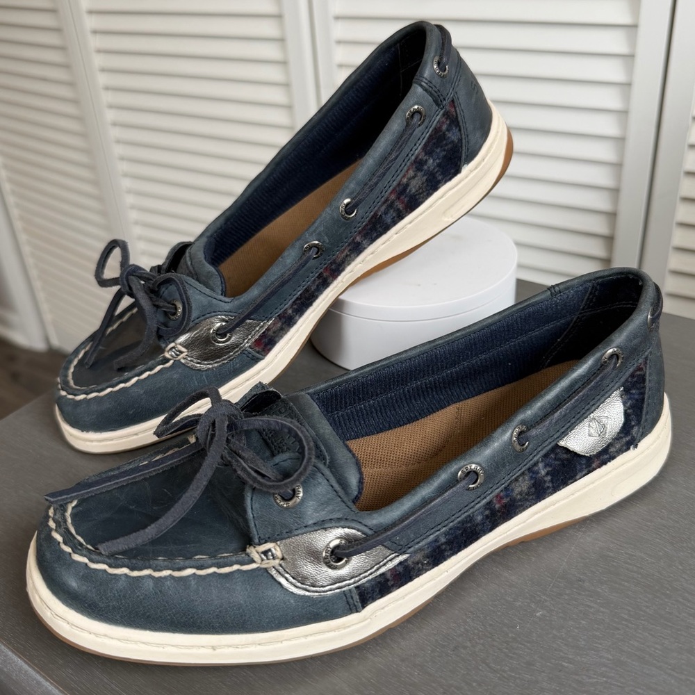 Sperry Topsider Navy Blue Plaid & Metallic Silver Boat Shoes Loafers